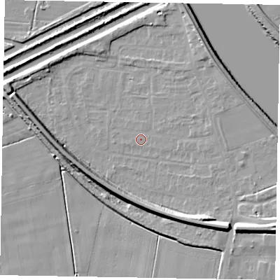 Shaded relief map of the ground around DN173DR, computed from Environment Agency LiDAR. The ground here sits at about 2 m above sea level and falls 12 m across the surrounding 800 m. Surface water reaching this point runs off ground lying to the south-east, 10.2 m higher.