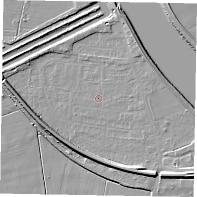 Shaded relief map of the ground around DN173DS, computed from Environment Agency LiDAR. The ground here sits at about 2 m above sea level and falls 12 m across the surrounding 800 m. Surface water reaching this point runs off ground lying to the south-east, 10.3 m higher.