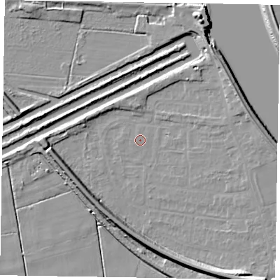Shaded relief map of the ground around DN173DT, computed from Environment Agency LiDAR. The ground here sits at about 2 m above sea level and falls 11 m across the surrounding 800 m. Surface water reaching this point runs off ground lying to the south-east, 9.3 m higher.