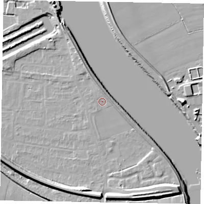 Shaded relief map of the ground around DN173DU, computed from Environment Agency LiDAR. The ground here sits at about 4 m above sea level and falls 13 m across the surrounding 800 m. Surface water reaching this point runs off ground lying to the east, 2.4 m higher.
