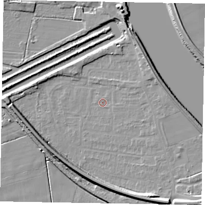 Shaded relief map of the ground around DN173DW, computed from Environment Agency LiDAR. The ground here sits at about 2 m above sea level and falls 12 m across the surrounding 800 m. Surface water reaching this point runs off ground lying to the south-south-east, 9.6 m higher.