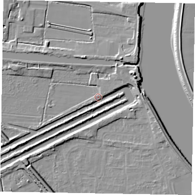 Shaded relief map of the ground around DN173EB, computed from Environment Agency LiDAR. The ground here sits at about 2 m above sea level and falls 11 m across the surrounding 800 m. Surface water reaching this point runs off ground lying to the east-north-east, 6.3 m higher.