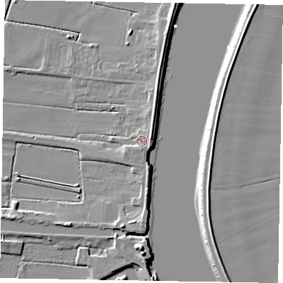 Shaded relief map of the ground around DN173EF, computed from Environment Agency LiDAR. The ground here sits at about 4 m above sea level and falls 10 m across the surrounding 800 m. Surface water reaching this point runs off ground lying to the east-north-east, 2.9 m higher.
