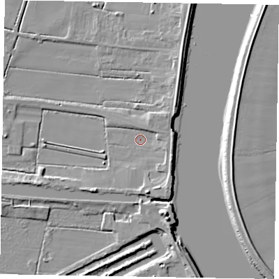 Shaded relief map of the ground around DN173EH, computed from Environment Agency LiDAR. The ground here sits at about 2 m above sea level and falls 10 m across the surrounding 800 m. Surface water reaching this point runs off ground lying to the east, 4.0 m higher.