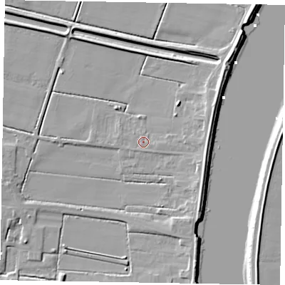 Shaded relief map of the ground around DN173EL, computed from Environment Agency LiDAR. The ground here sits at about 2 m above sea level and falls 7 m across the surrounding 800 m. Surface water reaching this point runs off ground lying to the east-north-east, 4.5 m higher.