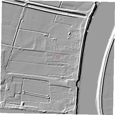 Shaded relief map of the ground around DN173EN, computed from Environment Agency LiDAR. The ground here sits at about 2 m above sea level and falls 7 m across the surrounding 800 m. Surface water reaching this point runs off ground lying to the east, 4.5 m higher.