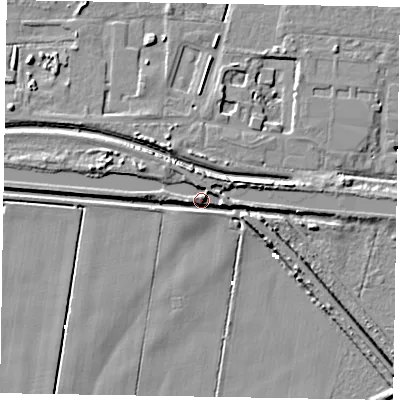 Shaded relief map of the ground around DN173ER, computed from Environment Agency LiDAR. The ground here sits at about 4 m above sea level and falls 8 m across the surrounding 800 m. Surface water reaching this point runs off ground lying to the east, 5.5 m higher.
