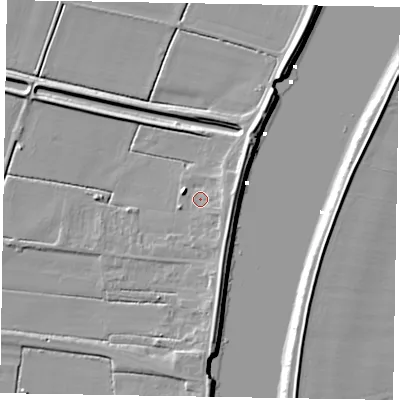 Shaded relief map of the ground around DN173ET, computed from Environment Agency LiDAR. The ground here sits at about 3 m above sea level and falls 7 m across the surrounding 800 m. Surface water reaching this point runs off ground lying to the east, 3.2 m higher.