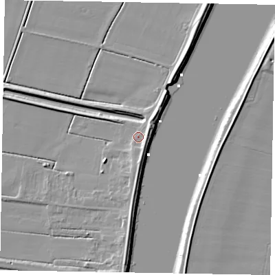 Shaded relief map of the ground around DN173EY, computed from Environment Agency LiDAR. The ground here sits at about 4 m above sea level and falls 7 m across the surrounding 800 m. Surface water reaching this point runs off ground lying to the south-south-east, 3.5 m higher.