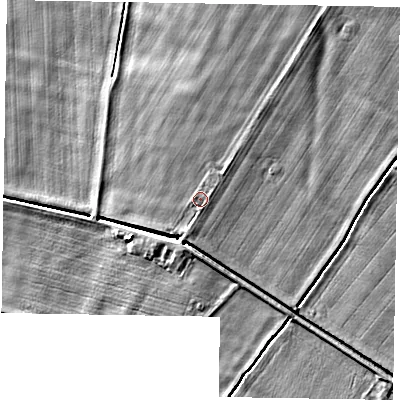 Shaded relief map of the ground around DN173EZ, computed from Environment Agency LiDAR. The ground here sits at about 2 m above sea level and falls 4 m across the surrounding 800 m. The ground contributing surface water to this point lies to the west.