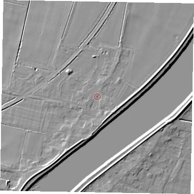 Shaded relief map of the ground around DN173HH, computed from Environment Agency LiDAR. The ground here sits at about 4 m above sea level and falls 7 m across the surrounding 800 m. Surface water reaching this point runs off ground lying to the south-south-east, 2.6 m higher.