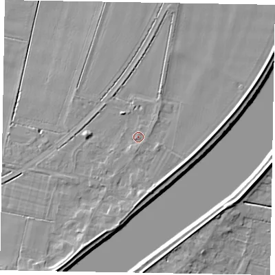 Shaded relief map of the ground around DN173HJ, computed from Environment Agency LiDAR. The ground here sits at about 4 m above sea level and falls 7 m across the surrounding 800 m. Surface water reaching this point runs off ground lying to the east-north-east, 0.8 m higher.