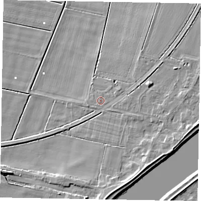 Shaded relief map of the ground around DN173HR, computed from Environment Agency LiDAR. The ground here sits at about 2 m above sea level and falls 8 m across the surrounding 800 m. Surface water reaching this point runs off ground lying to the east, 1.6 m higher.