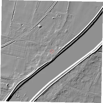 Shaded relief map of the ground around DN173HS, computed from Environment Agency LiDAR. The ground here sits at about 4 m above sea level and falls 7 m across the surrounding 800 m. Surface water reaching this point runs off ground lying to the east, 2.3 m higher.