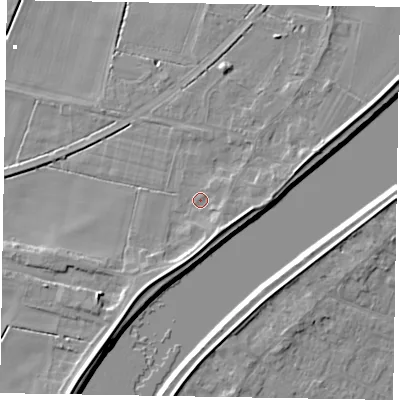 Shaded relief map of the ground around DN173HT, computed from Environment Agency LiDAR. The ground here sits at about 4 m above sea level and falls 8 m across the surrounding 800 m. Surface water reaching this point runs off ground lying to the south-east, 3.3 m higher.