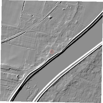 Shaded relief map of the ground around DN173HU, computed from Environment Agency LiDAR. The ground here sits at about 5 m above sea level and falls 7 m across the surrounding 800 m. Surface water reaching this point runs off ground lying to the south-south-east, 2.1 m higher.