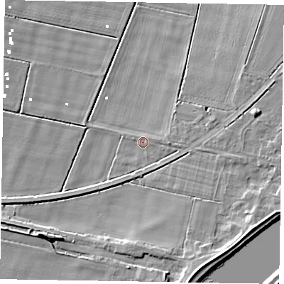 Shaded relief map of the ground around DN173HW, computed from Environment Agency LiDAR. The ground here sits at about 1 m above sea level and falls 8 m across the surrounding 800 m. Surface water reaching this point runs off ground lying to the east, 3.2 m higher.