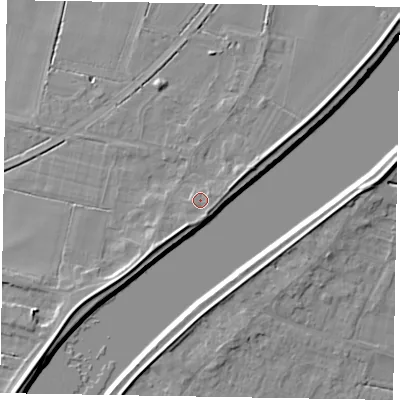 Shaded relief map of the ground around DN173HX, computed from Environment Agency LiDAR. The ground here sits at about 5 m above sea level and falls 6 m across the surrounding 800 m. Surface water reaching this point runs off ground lying to the south-south-east, 1.2 m higher.