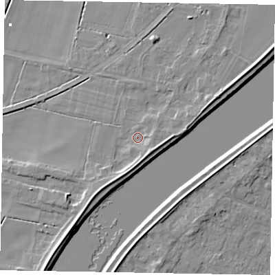 Shaded relief map of the ground around DN173HY, computed from Environment Agency LiDAR. The ground here sits at about 4 m above sea level and falls 8 m across the surrounding 800 m. Surface water reaching this point runs off ground lying to the south-east, 3.2 m higher.