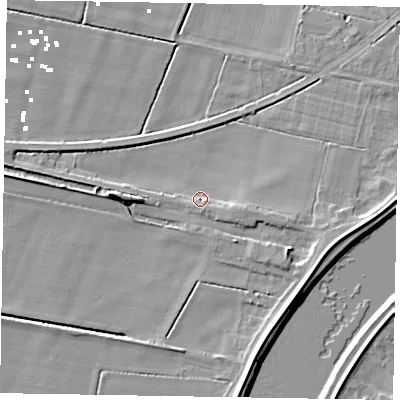 Shaded relief map of the ground around DN173HZ, computed from Environment Agency LiDAR. The ground here sits at about 2 m above sea level and falls 8 m across the surrounding 800 m. Surface water reaching this point runs off ground lying to the east-south-east, 3.2 m higher.