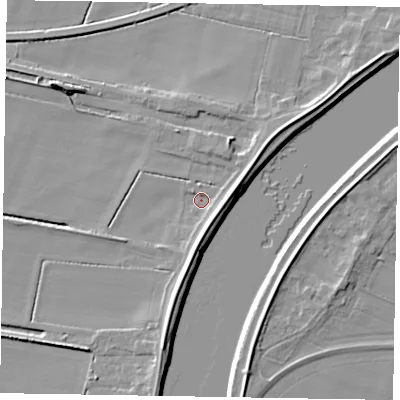Shaded relief map of the ground around DN173JA, computed from Environment Agency LiDAR. The ground here sits at about 2 m above sea level and falls 7 m across the surrounding 800 m. Surface water reaching this point runs off ground lying to the east-north-east, 4.2 m higher.