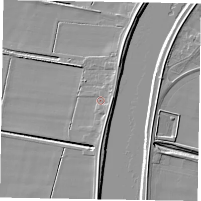 Shaded relief map of the ground around DN173JB, computed from Environment Agency LiDAR. The ground here sits at about 3 m above sea level and falls 7 m across the surrounding 800 m. Surface water reaching this point runs off ground lying to the east, 3.5 m higher.