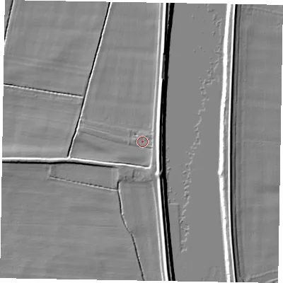 Shaded relief map of the ground around DN173JD, computed from Environment Agency LiDAR. The ground here sits at about 3 m above sea level and falls 6 m across the surrounding 800 m. Surface water reaching this point runs off ground lying to the south-east, 1.4 m higher.