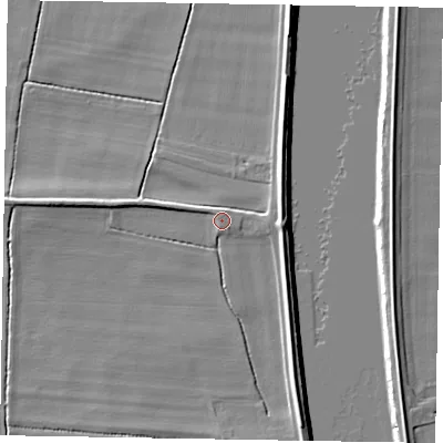 Shaded relief map of the ground around DN173JE, computed from Environment Agency LiDAR. The ground here sits at about 4 m above sea level and falls 6 m across the surrounding 800 m. Surface water reaching this point runs off ground lying to the east, 1.9 m higher.