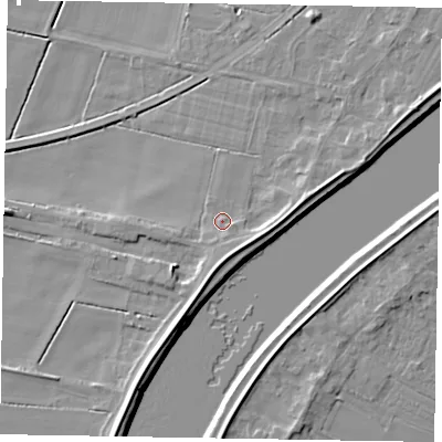 Shaded relief map of the ground around DN173JF, computed from Environment Agency LiDAR. The ground here sits at about 4 m above sea level and falls 8 m across the surrounding 800 m. Surface water reaching this point runs off ground lying to the south, 3.3 m higher.