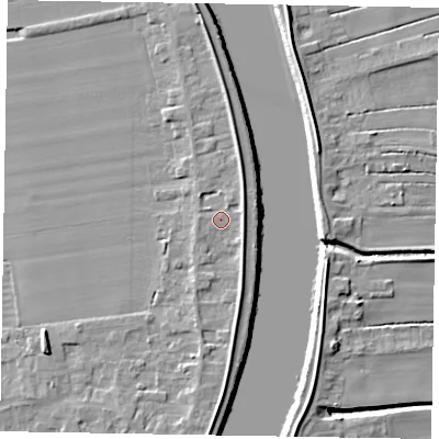 Shaded relief map of the ground around DN173JP, computed from Environment Agency LiDAR. The ground here sits at about 5 m above sea level and falls 7 m across the surrounding 800 m. Surface water reaching this point runs off ground lying to the south, 2.3 m higher.