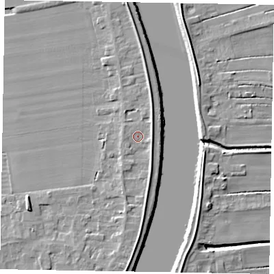 Shaded relief map of the ground around DN173JQ, computed from Environment Agency LiDAR. The ground here sits at about 5 m above sea level and falls 7 m across the surrounding 800 m. Surface water reaching this point runs off ground lying to the south, 2.3 m higher.