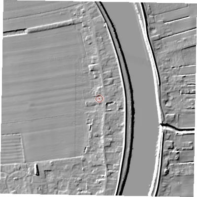 Shaded relief map of the ground around DN173JR, computed from Environment Agency LiDAR. The ground here sits at about 4 m above sea level and falls 6 m across the surrounding 800 m. Surface water reaching this point runs off ground lying to the east-south-east, 1.6 m higher.