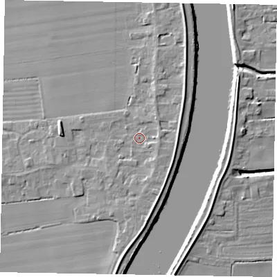 Shaded relief map of the ground around DN173JS, computed from Environment Agency LiDAR. The ground here sits at about 4 m above sea level and falls 7 m across the surrounding 800 m. Surface water reaching this point runs off ground lying to the east-north-east, 1.9 m higher.