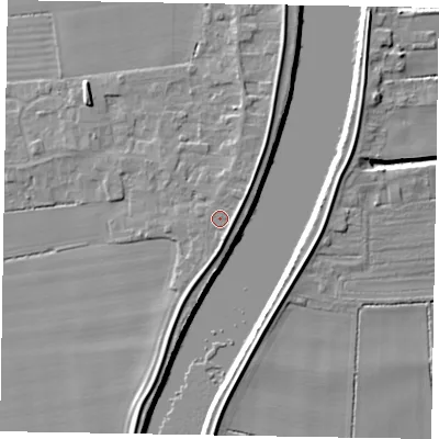 Shaded relief map of the ground around DN173JT, computed from Environment Agency LiDAR. The ground here sits at about 5 m above sea level and falls 7 m across the surrounding 800 m. Surface water reaching this point runs off ground lying to the east-north-east, 1.5 m higher.