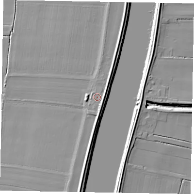 Shaded relief map of the ground around DN173JU, computed from Environment Agency LiDAR. The ground here sits at about 4 m above sea level and falls 7 m across the surrounding 800 m. Surface water reaching this point runs off ground lying to the east, 2.4 m higher.