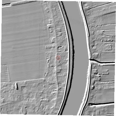 Shaded relief map of the ground around DN173JW, computed from Environment Agency LiDAR. The ground here sits at about 5 m above sea level and falls 7 m across the surrounding 800 m. Surface water reaching this point runs off ground lying to the south, 2.3 m higher.