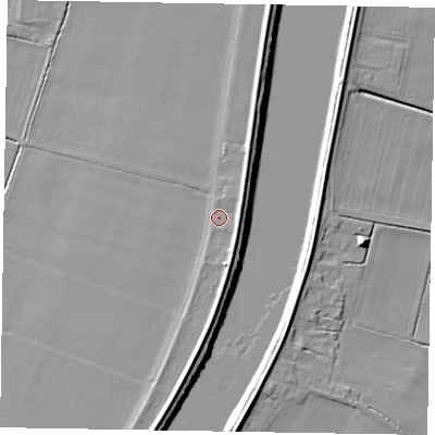 Shaded relief map of the ground around DN173JX, computed from Environment Agency LiDAR. The ground here sits at about 4 m above sea level and falls 7 m across the surrounding 800 m. Surface water reaching this point runs off ground lying to the south-south-east, 3.4 m higher.