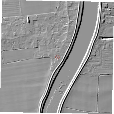 Shaded relief map of the ground around DN173JY, computed from Environment Agency LiDAR. The ground here sits at about 5 m above sea level and falls 7 m across the surrounding 800 m. Surface water reaching this point runs off ground lying to the east, 1.9 m higher.