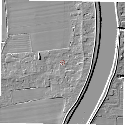 Shaded relief map of the ground around DN173LB, computed from Environment Agency LiDAR. The ground here sits at about 4 m above sea level and falls 7 m across the surrounding 800 m. Surface water reaching this point runs off ground lying to the east, 1.9 m higher.