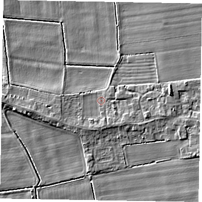 Shaded relief map of the ground around DN173LD, computed from Environment Agency LiDAR. The ground here sits at about 2 m above sea level and falls 7 m across the surrounding 800 m. Surface water reaching this point runs off ground lying to the east-south-east, 2.7 m higher.