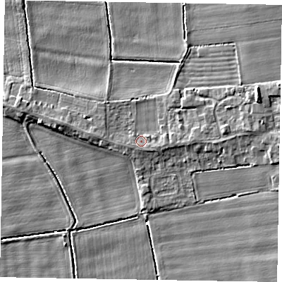 Shaded relief map of the ground around DN173LE, computed from Environment Agency LiDAR. The ground here sits at about 2 m above sea level and falls 7 m across the surrounding 800 m. Surface water reaching this point runs off ground lying to the east, 1.5 m higher.