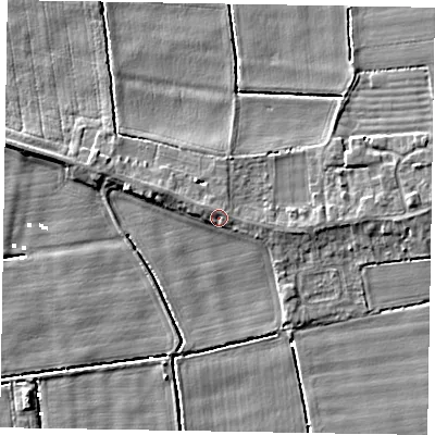 Shaded relief map of the ground around DN173LG, computed from Environment Agency LiDAR. The ground here sits at about 3 m above sea level and falls 5 m across the surrounding 800 m. Surface water reaching this point runs off ground lying to the north-west, 1.4 m higher.