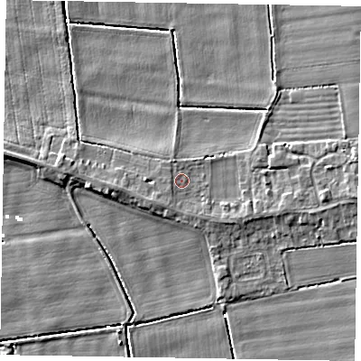 Shaded relief map of the ground around DN173LH, computed from Environment Agency LiDAR. The ground here sits at about 2 m above sea level and falls 6 m across the surrounding 800 m. Surface water reaching this point runs off ground lying to the east, 2.7 m higher.