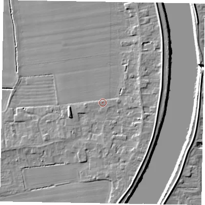 Shaded relief map of the ground around DN173LL, computed from Environment Agency LiDAR. The ground here sits at about 4 m above sea level and falls 6 m across the surrounding 800 m. Surface water reaching this point runs off ground lying to the west-south-west, 3.0 m higher.