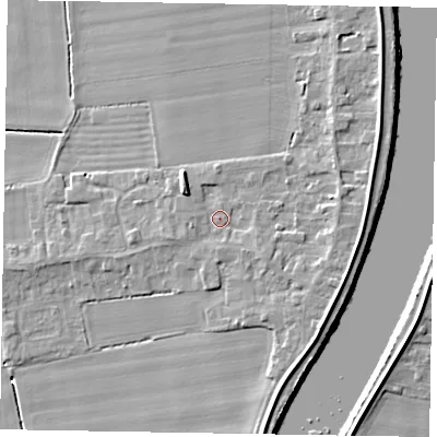 Shaded relief map of the ground around DN173LN, computed from Environment Agency LiDAR. The ground here sits at about 4 m above sea level and falls 7 m across the surrounding 800 m. Surface water reaching this point runs off ground lying to the south-east, 1.7 m higher.