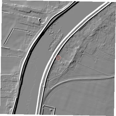 Shaded relief map of the ground around DN173LP, computed from Environment Agency LiDAR. The ground here sits at about 5 m above sea level and falls 6 m across the surrounding 800 m. Surface water reaching this point runs off ground lying to the north-north-east, 2.6 m higher.