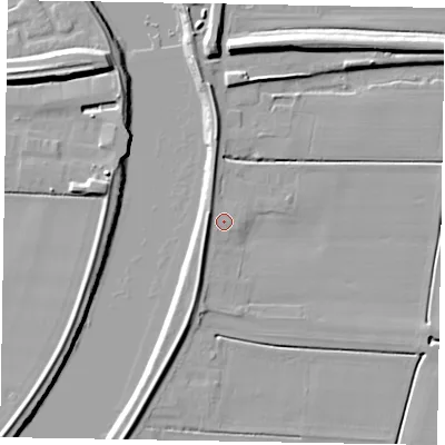 Shaded relief map of the ground around DN173LT, computed from Environment Agency LiDAR. The ground here sits at about 3 m above sea level and falls 12 m across the surrounding 800 m. Surface water reaching this point runs off ground lying to the west, 3.5 m higher.