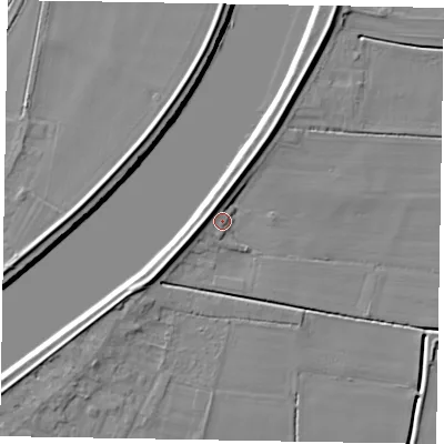 Shaded relief map of the ground around DN173LU, computed from Environment Agency LiDAR. The ground here sits at about 4 m above sea level and falls 8 m across the surrounding 800 m. Surface water reaching this point runs off ground lying to the west-south-west, 4.9 m higher.