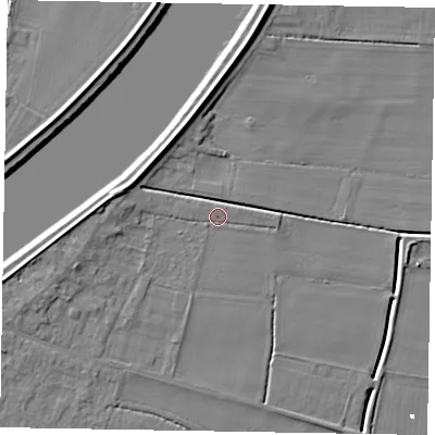Shaded relief map of the ground around DN173LX, computed from Environment Agency LiDAR. The ground here sits at about 2 m above sea level and falls 8 m across the surrounding 800 m. Surface water reaching this point runs off ground lying to the west, 4.3 m higher.