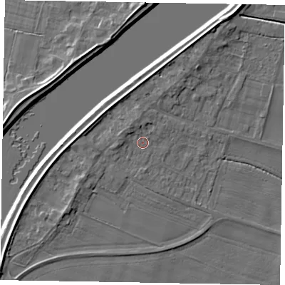 Shaded relief map of the ground around DN173NF, computed from Environment Agency LiDAR. The ground here sits at about 4 m above sea level and falls 6 m across the surrounding 800 m. Surface water reaching this point runs off ground lying to the north-north-west, 1.8 m higher.